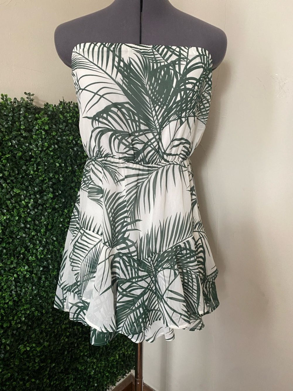 Express Strapless White and Green Palm Print Romper